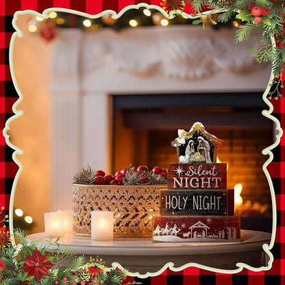 Moucuny 4 Pcs Christmas Table Decor Wooden Christian Religious Decoration Nativity Scene Centerpiece Holy Night Tiered Tray Decor Red and Black Buffalo Plaid Block Signs Xmas Decoration for Kitchen