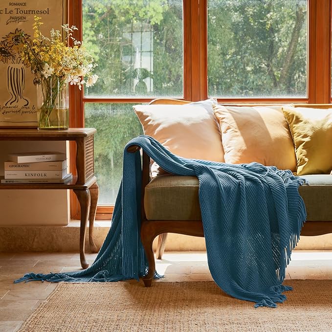lifein Throw Blanket for Couch, Soft Boho Decor Bed Throw,Cozy Blue Chenille Knitted Small Farmhouse Lightweight Throw for Spring(Sky Blue,60 * 80")