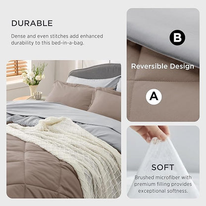 Bedsure Taupe Queen Comforter Set - 7 Pieces Reversible Queen Bed in a Bag Queen Bed Set with Comforters, Sheets, Pillowcases & Shams, Queen Bedding Sets