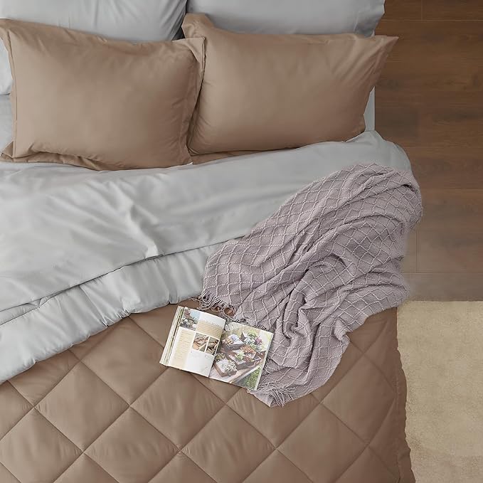 Bedsure Brown Queen Comforter Set - 7 Pieces Reversible Queen Bed in a Bag, Queen Bed Set Brown and Grey with Comforters, Sheets, Pillowcases & Shams