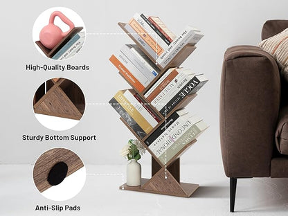 Labcosi 5 Tier Tree Bookshelf, Floor Standing Wood Tree Bookcase, Book Storage Rack for Books/CDs, Book Organizer Shelves for Home Office, Bedroom, Living Room