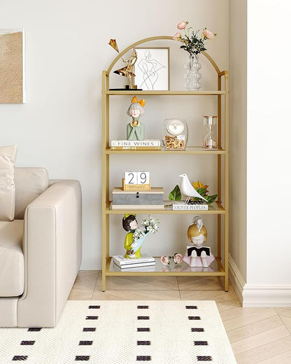 Bookcase Bookshelf, Tempered Glass Bookshelves, Slim Shelving Unit for Bedroom, Bathroom, Home Office, Steel Frame, 4 Tier Gold BC21499G
