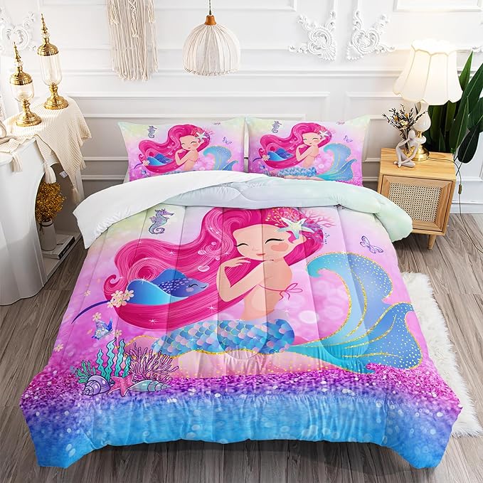 Mermaid Butterfly Comforter Set Queen Size Fairy Tale Sea Shell Grass Bedding Set Colorful Rainbow Quilt Bed Set for Kid Girls with 1 Comforter and 2 Pillowcases