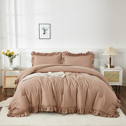 Andency California King Comforter Set Taupe (104x96Inch), 3 Pieces Cal King Ruffle Comforter, Oversized Farmhouse Shabby Chic Bed Comforter, Lighteweight and Soft Microfiber Bedding Set