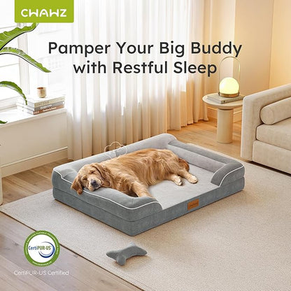 XXL Dog Bed for Large Dogs, Orthopedic Gel Memory Foam, Waterproof, 53" Dutch Velvet Sofa Bed, Light Gray