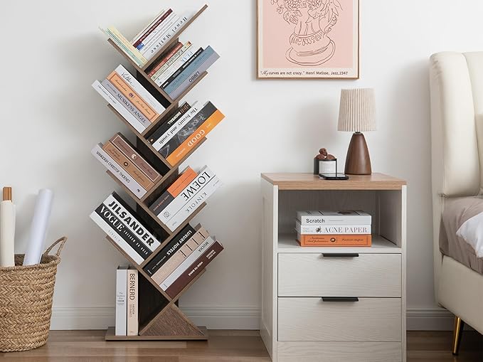 Labcosi 8 Tier Tree Bookshelf, Floor Standing Wood Tree Bookcase, Tall Book Storage Rack for Books/CDs, Book Organizer Shelves for Home Office, Bedroom, Living Room