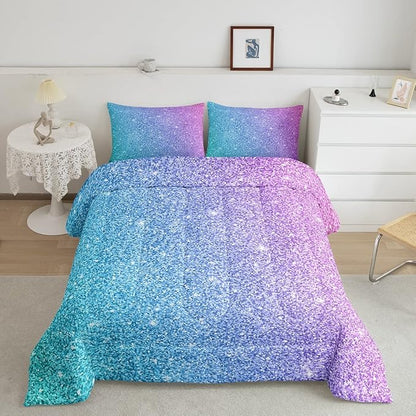 Colorful Glitter Bedding King Girly Turquoise Teal Blue Pink Pastel Girls Comforter Set 3 Pcs Trendy Quilt Duvet for Kid Women Down Comforter with Sparkle Sequin Pattern Bling Bedroom Decor Bed Cover