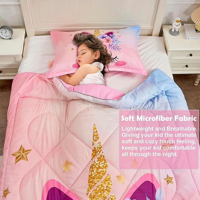 Pink Unicorn Queen Bedding Set for Girls 3 Piece Kids Comforter Set Cartoon Unicorn Flowers Quilt Set Bed in A Bag Lightweight Duvet Bed Set for Kids Teen Girls Women Bedroom Decor with 2 Pillowcases