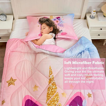 VIVILINEN Twin Size Bedding Set for Girls 3 Piece Pink Unicorn Kids Comforter Set Cartoon Unicorn Flowers Quilt Set Bed in A Bag Lightweight Duvet Bed Set for Kids Teen Girls Women with 2 Pillowcases