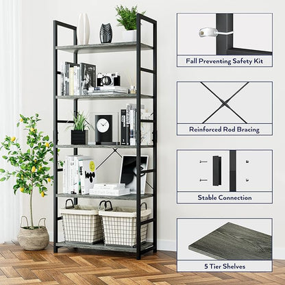 NUMENN 5 Tier Bookshelf, Tall Bookcase Shelf Storage Organizer, Modern Book Shelf for Bedroom, Living Room and Home Office, Dark Grey