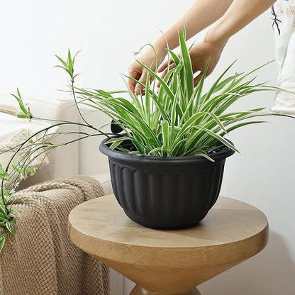 YIKUSH Planters for Outdoor Plants 2 Pack Black Plant Pots with Drainage Hole and Absorbing Tray Hanging Planters for Indoor Plants (12 inch, 3 Hooks)