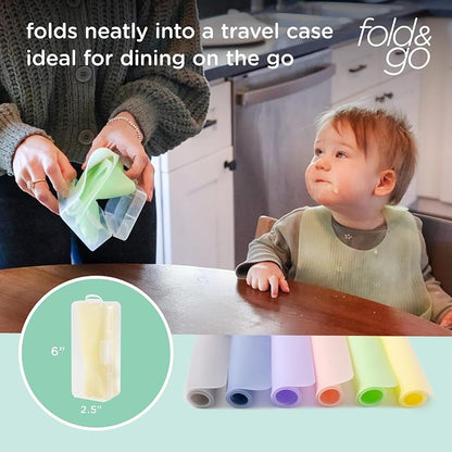 Olababy Fold N Go Silicone Placemat w Travel Case | Dishwasher Safe, BPA Free, Non-Slip, Waterproof | Mini Dining Mat for Infants, Babies, Toddlers and Kids (2, Lilac/Lemon)