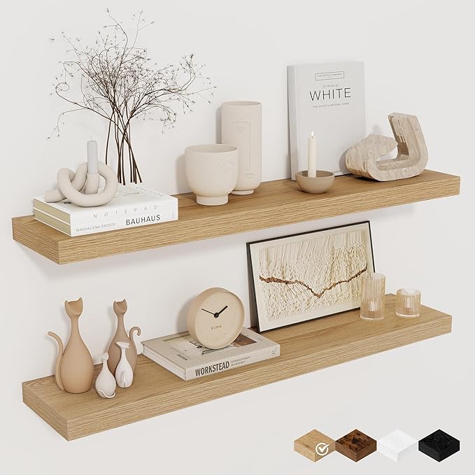 Fun Memories Floating Shelves for Wall, 32" Rustic Wood Deep Wall Mounted Shelves with Invisible Brackets for Decor & Storage, Floating Shelf for Living Room, Bathroom (Oak, Set of 2)