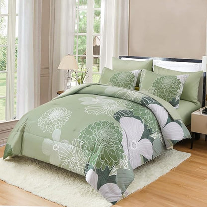 Yiran 7 Pieces Bed in a Bag Green Comforter Set Queen Floral Comforter Soft Microfiber Bedding Set with 1 Comforter 1 Flat Sheet 1 Fitted Sheet 2 Pillowshams and 2 Pillowcases