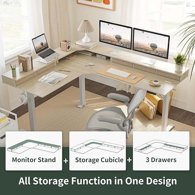 FEZIBO Triple Motor 75" L Shaped Standing Desk with 5 Drawers, Reversible Electric Standing Gaming Desk Adjustable Height, Corner Stand up Desk with Splice Board, White Frame/Light Walnut Top