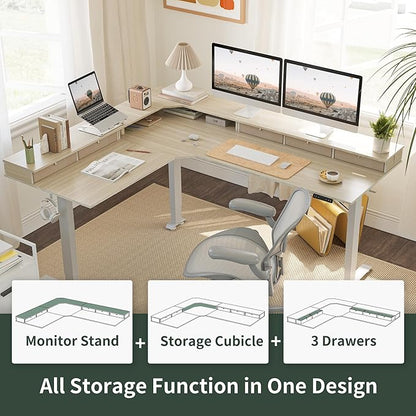 FEZIBO Triple Motor 75" L Shaped Standing Desk with 5 Drawers, Reversible Electric Standing Gaming Desk Adjustable Height, Corner Stand up Desk with Splice Board, White Frame/Light Walnut Top