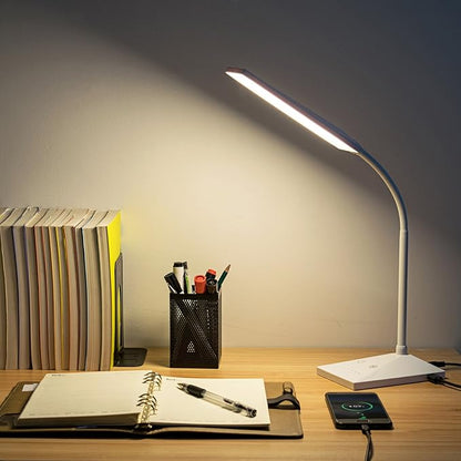 RAOYI LED Desk Lamp, 12W Dimmable Table Lamp Eye-Caring Reading Light with USB Charging Port Touch Control 5 Color Modes 6-Level Brightness Adjustable for Office Home Bedroom (White)