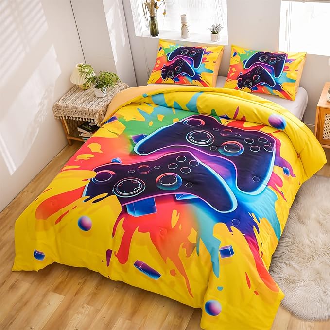 Aimuan Gamer Gaming Bedding Sets 3D Gamepad Comforter Sets for Boys Games Console Action Buttons Novelty Colorful Game Controller Modern Room Decor Home Quilt Set (Queen, Yellow)
