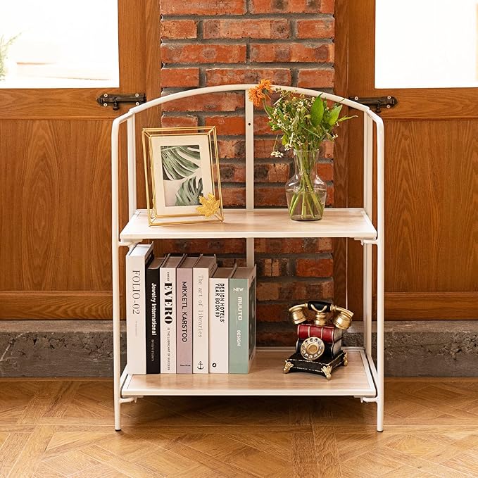 No Assembly Folding Bookshelf for Living Room, 2 Tier White Collapsible Book Shelf for Home Office, Portable Bookcase Storage Organizer