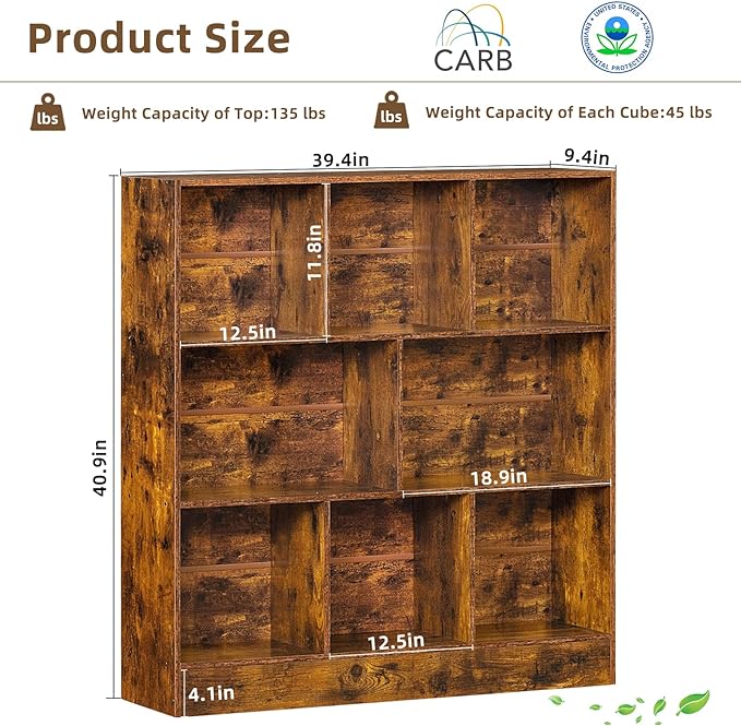 LEYAOYAO 8 Cube Bookshelf with Base,3 Tier Mid-Century Modern Brown Bookcase,Standing Wide Bookshelves Storage Organizer Shelf,Rustic Wood Display Cabinet Book Shelves for Bedroom,Living Room,Office