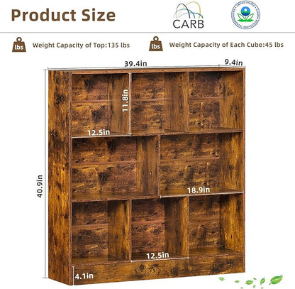 LEYAOYAO 8 Cube Bookshelf with Base,3 Tier Mid-Century Modern Brown Bookcase,Standing Wide Bookshelves Storage Organizer Shelf,Rustic Wood Display Cabinet Book Shelves for Bedroom,Living Room,Office
