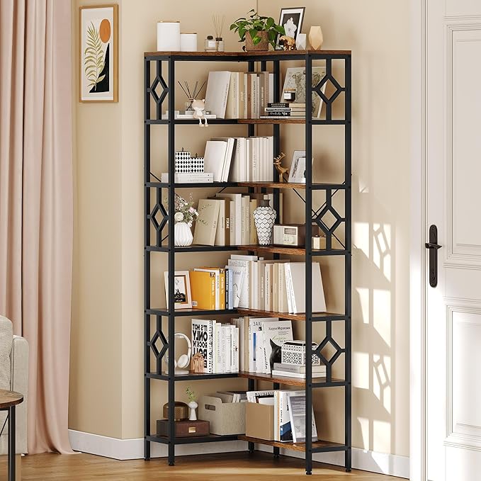 YITAHOME 7 Tier Corner Bookshelf Reversible Bookcase, Tall Bookshelf Display Rack Shelf with Metal Frame for Living Room, Bedroom, Home Office, Rustic Brown