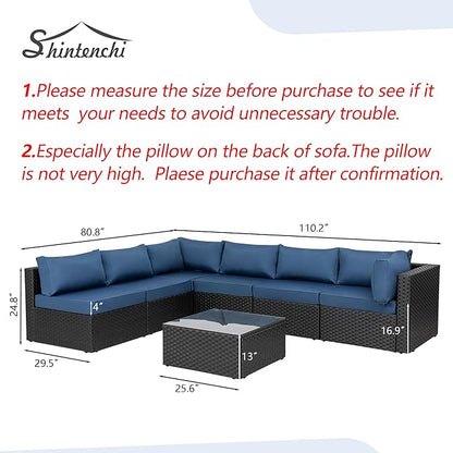 Shintenchi 7 Pieces Outdoor Patio Sectional Sofa Couch, Black Wicker Furniture Conversation Sets with Washable Cushions & Glass Coffee Table for Garden, Poolside, Backyard (Aegean Blue)