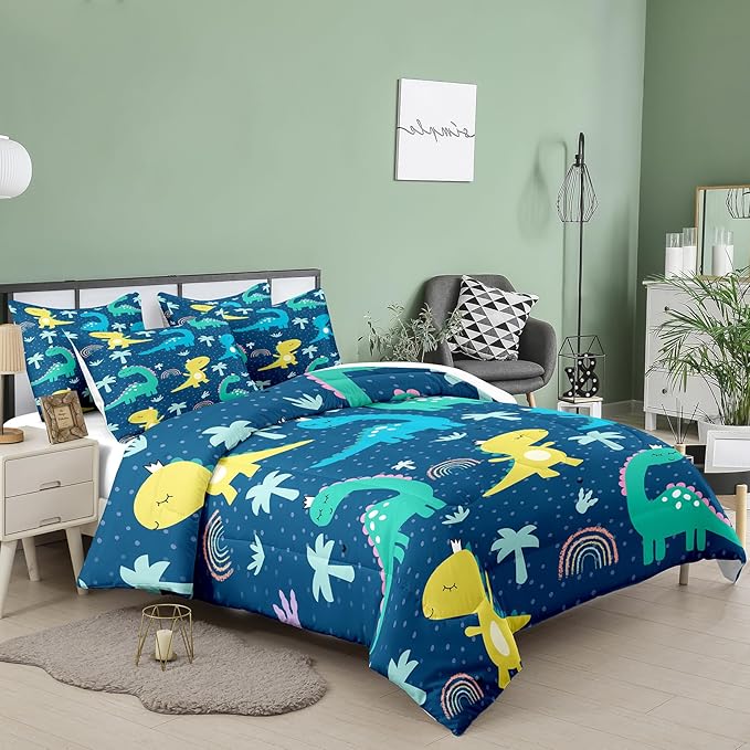 NINENINE Dinosaur Bedding Sets Twin Comforter Sets for Boys,Dark Blue Dinosaur Bedding Sets,Kawaii Cartoon Comforter Sets with 1 Comforter 1Pillowcase