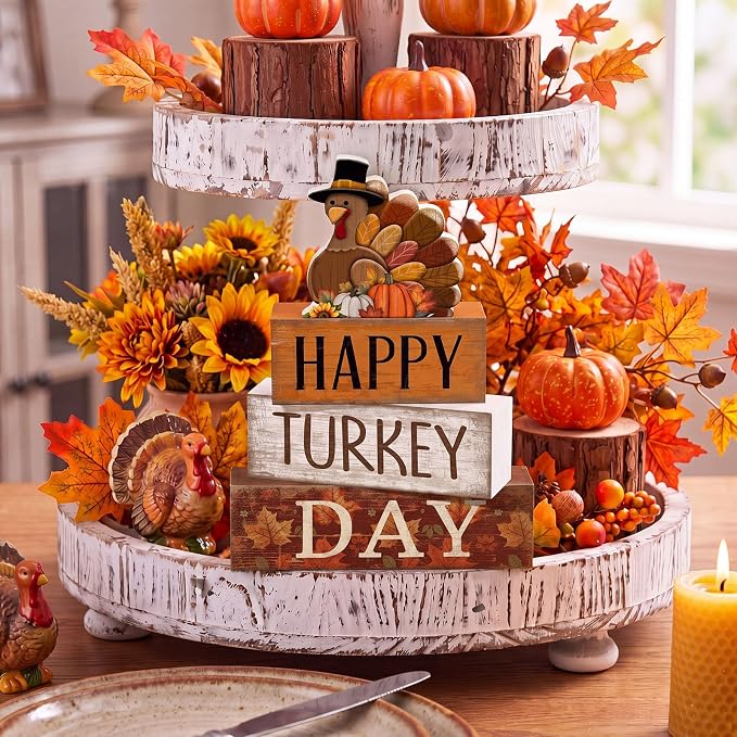 Moucuny 4 Pcs Fall Table Decorations for Home Thanksgiving Turkey Wooden Stacked Sign Decor Thanksgiving Tiered Tray Decor Rustic Happy Turkey Day Block Sign for Autumn Harvest Party Kitchen Shelf