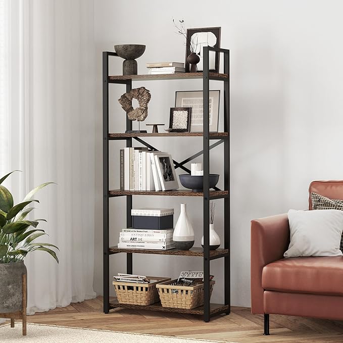 5 Tier Bookshelf Rustic Industrial Style, Storage Shelves, Metal Book Shelves Bookcase Book Shelf Display Shelf for Home Office, Living Room, Bedroom, Kitchen (23.6" W, Brown)