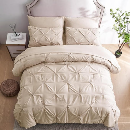 Ubauba 7pc Beige Queen Comforter Set with Sheets, 7 Piece Pintuck Bed in a Bag Ivory with Comforter and Sheets, Off White Bedding Comforters & Sets (Cream, Queen Size)