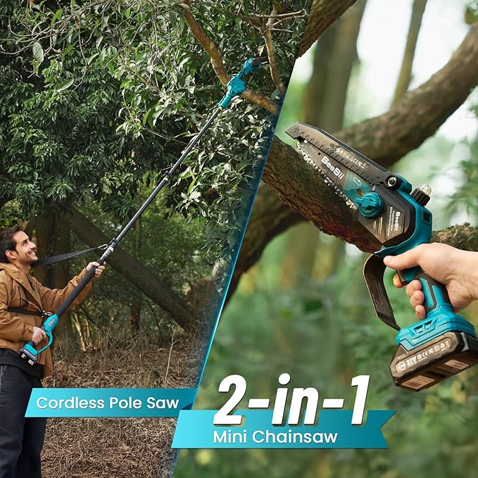 SEESII PS620 2-in-1 Electric Pole Saws: 6 Inch Mini Chainsaw Cordless with Extension Pole, 2Pcs Batteries, Brushless Chain Saw for Limb Branch Cutter, Battery Tree Trimmers Pruner,16Ft Long Reach