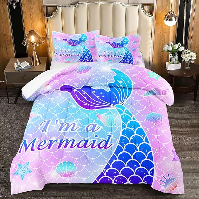 3Pcs Mermaid Girls Comforter Sets Queen Size Ultra Soft Mermaid Fish Scale Patterns Bedding Set Mermaid Bedroom Decor for Girls Mermaid Tail Scales Bed Set, 1 Comforter+2 Pillow Shams