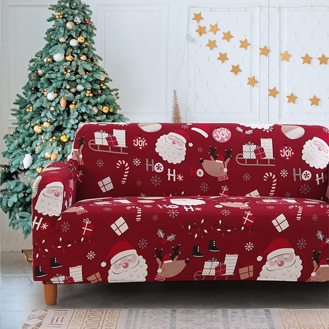 Mybedsoul Christmas Sofa Cover Santa Claus Printed Sofa Couch Cover Washable Furniture Protector with Elastic Bottom Xmas Home Room Festival Decoration(2 Seater/Loveseat)