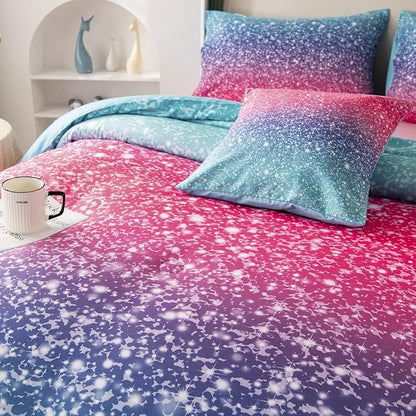 RYNGHIPY 6Pcs Gradient Glitter Comforter Sets for Teen Girls Full Size, Colorful Rainbow All-Season Coverlet Set, Ultra Soft Bedding Collections
