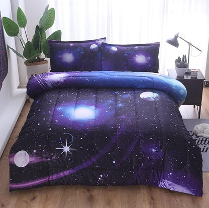 Wowelife Galaxy Twin Size Bedding Sets 5 Pieces Galaxy Space Comforter Set Blue 3D Kids Bed in A Bag Comforter Set for Girls Boys Lightweight with Comforter, Flat Sheet, Fitted Sheet and 2 Pillowcases