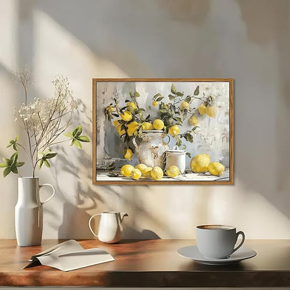 Framed Lemon Kitchen Wall Decor for Dining Room - Vintage Mustard French's Yellow Lemon Kitchen Wall Art, Rustic Oil Paintings Posters Prints for Bathroom Living Room Bedroom 12x16 inch