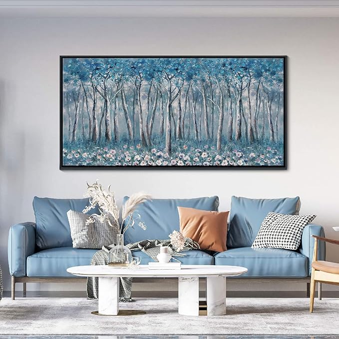 DUNHUANG ART Blue Tree Canvas Wall Art - Large Size Teal Abstract Painting for Home Office Living Room Bedroom Bathroom - Black Framed - Wall Decor Living Room 20"x40"