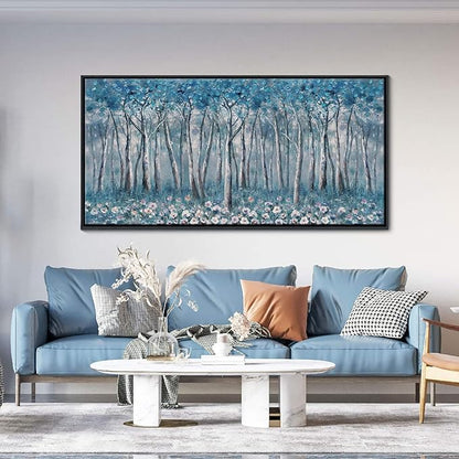 DUNHUANG ART Blue Tree Canvas Wall Art - Large Size Teal Abstract Painting for Home Office Living Room Bedroom Bathroom - Black Framed - Wall Decor Living Room 20"x40"
