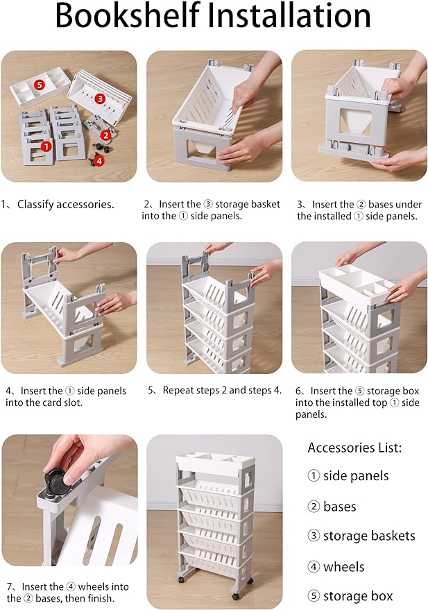 5 Tier Book Rack Storage Bookshelf, Mobile Bookshelf with Wheels, Removable Movable Unique Bookcase, Rolling Book Cart, Bookshelves for Students Study in Dorm Classroom Living Room School(CreamYellow)