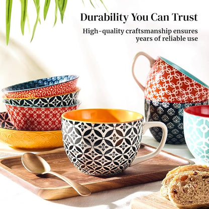 DOWAN 24 OZ Boho Mosaic Soup Mugs with Handle, Large Coffee Mugs Set of 4 | Six Design! Large Ceramic Mugs for Soup/Coffee/Cereal/Latte, Thanksgiving and Housewarming Gifts for Family and Friends