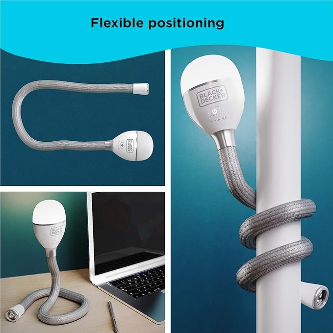 BLACK+DECKER Snake Light, Use for Book Light, Desk Light, and Work Light, 2 Settings, Flexible and Rechargeable (BDCFSL01)