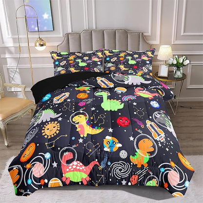 Boys Dinosaur Comforter Set Queen Size, 3Pcs Black Cartoon Dinosaur Bedding Set for Girls Kids Adults Bedroom Decor, Boys Comforter Set for All Season, Lightweight, 1 Quilt with 2 Pillowcases