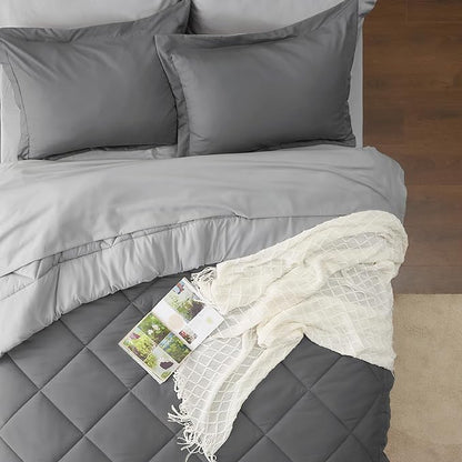 Bedsure Dark Grey California King Size Comforter Set - 7 Pieces Reversible California King Bed in a Bag, California King Dark Grey Bed Set with Comforters, Sheets, Pillowcases & Shams