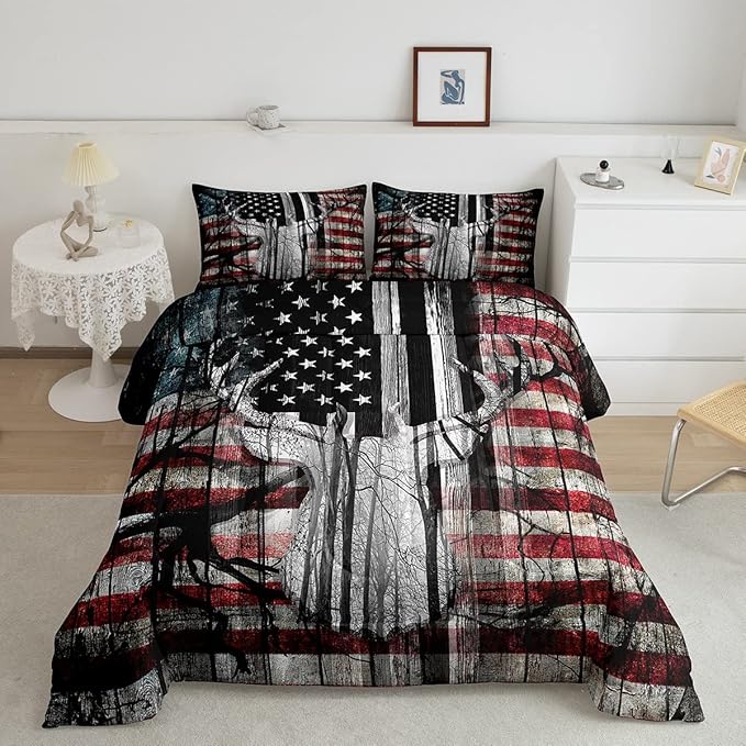 Feelyou American Flag Deer Antlers Bedding Set Hunting Camping Comforter Set for Kids Boys Girls USA Flag Comforter Tree Branch Inner Fill Duvet Set 1 Comforter Set with 2 Pillowcases King Size