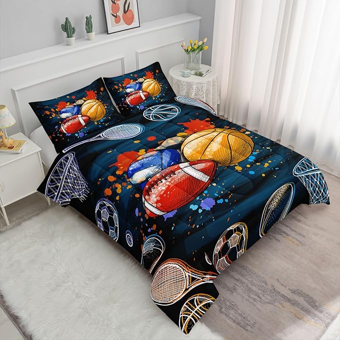 Axolotl Ball Game Bedding Set Full,Basketball Comforter Set Sports Bedding,Volleyball Comforter Set Soccer Bedding,Football Comforter Colorful Grunge Style for Kids Boys Teens,1 Quilt 2 Pillowcases