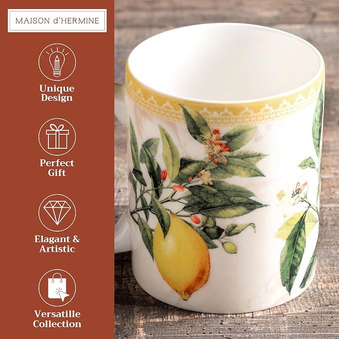Maison d' Hermine Coffee Mug with Handles Tea Cups (12 Ounce, Pack of 1) | Fine Bone China Coffee Mugs for Hot Beverages Cappuccino Latte Home Restaurant Hotel Spring Summer -Limoncello - Combava