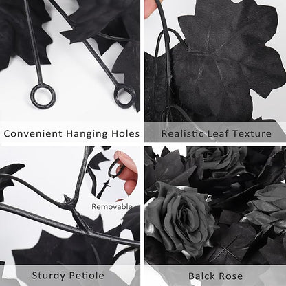 RECUTMS Black Artificial Flower Garland Fake Rose Vine Hanging Rose Vines Fall Maple Garland with Floral,Black Hanging Flowers for Gothic Wedding Decor Autumn Party Halloween Decor