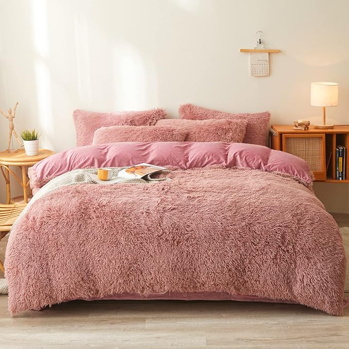 FOPPA Old Pink fluffy Comforter Cover Set king- Ultra Soft fluffy Old Pink Bedding Sets 3 Pieces (1 Duvet Cover + 2 Pillow case) Old Pink fluffy bed set (Old Pink, King)