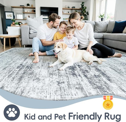 10x14 Washable Area Rug for Living Room Bedroom: Non-Slip Modern Black Grey | Machine Washable TPR Backing, Stain-Resistant Low Pile, Pet & Kid Friendly, Abstract Decor for Dining Room, Dorm, Home Office